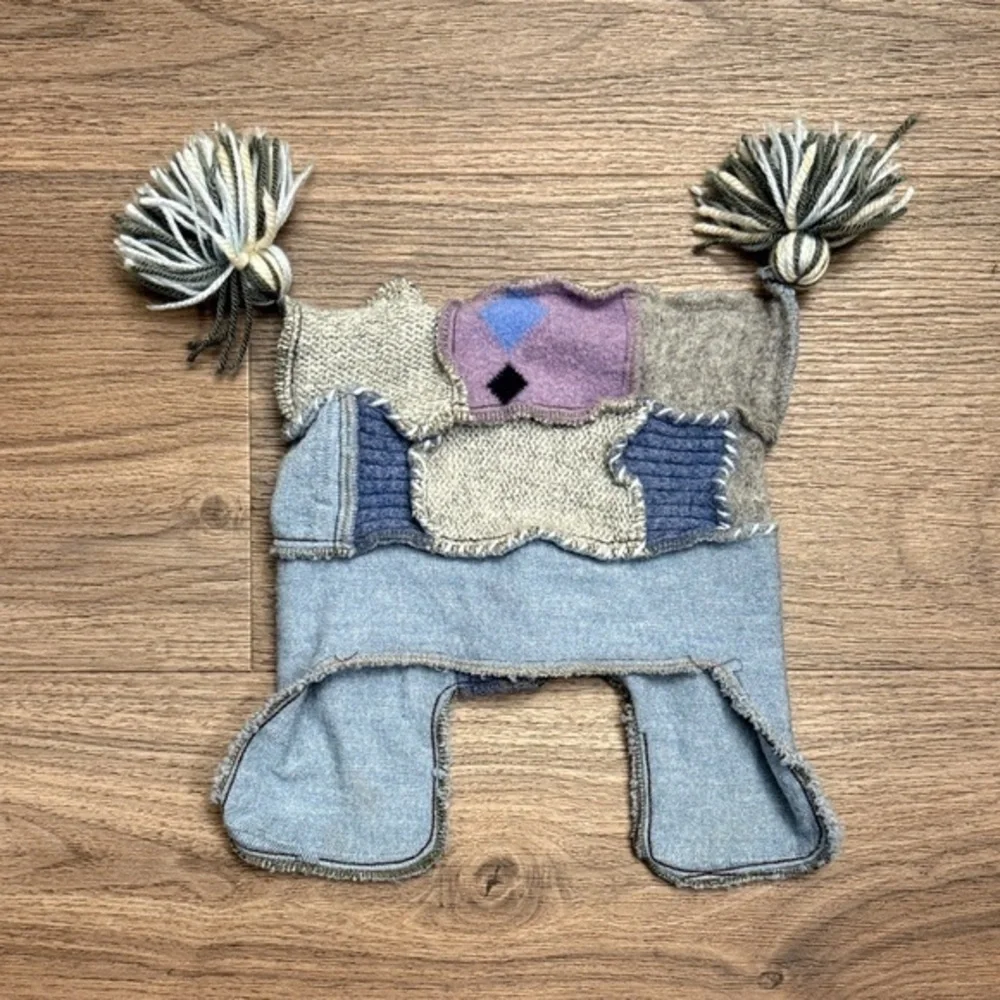 Patchwork Kids Hat with Tassels face face England, recycled, cashmere and wool